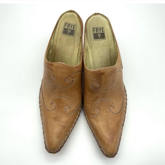 Frye Phoenix Mule Clog Leather Stacked Heel Tan Slip
On Pointed Toe Shoe 9.5 - Picture 5 of 8